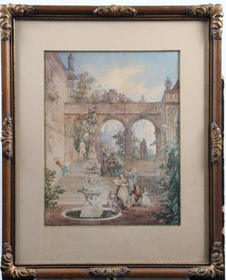 une image représentant un tableau d'un jardin avec une fontaine au premier plan