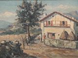 a painting of a house on the side of the road