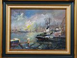 a painting of a harbor scene with boats in the water