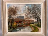 an image of a painting of a river with a church in the background