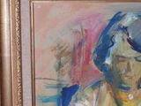 painting of a woman in a yellow dress holding a red purse