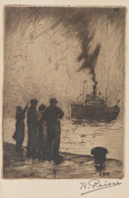 dessin représentant un groupe de personnes debout près d'un bateau sur un plan d'eau