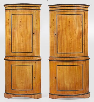 two tall wooden cupboards with doors on each side of them