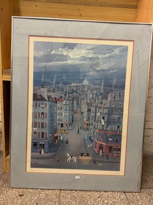 tableau représentant une scène urbaine avec une calèche au premier plan