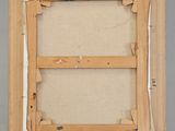 painting on easel with wooden frame and canvas on grey background