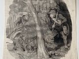 an old book with a drawing of a man and a dog in a wooded area