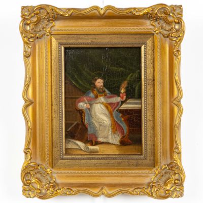 a painting of a woman sitting on a chair with a bird in her hand