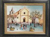 une peinture à l'huile représentant une église devant laquelle se trouve une foule de gens