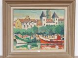 a picture of a painting of boats on the water