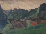 an image of a painting of a field with houses and trees in the background