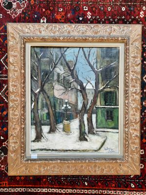 une image représentant une peinture d'une scène de rue avec une borne d'incendie dans la neige