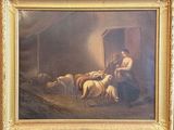 painting of a woman tending to a flock of sheep in a barn