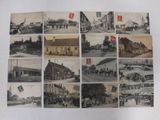 several old black and white photographs of a town with horses and carriages