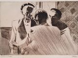 drawing of a man in a suit talking to a woman in a chair