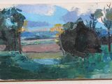 an oil painting of a landscape with trees in the foreground