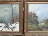 deux tableaux représentant des arbres et une route sous la neige