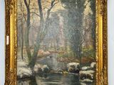 un tableau représentant un ruisseau dans une zone boisée, avec des arbres en arrière-plan
