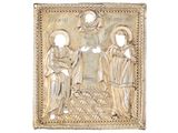 une plaque ancienne en métal argenté représentant la Nativité de Jésus et de Marie