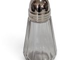 a glass salt and pepper shaker on a white surface