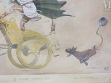 a painting of a man riding a bike with a dog on it
