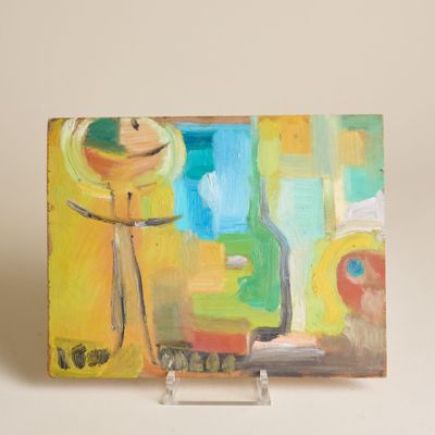 tableau représentant un vase et une bouteille posés sur une table