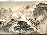 a book with a picture of a battle in the middle of it