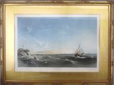 an image of a picture of a painting of a boat in the ocean