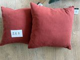 deux coussins rouges avec leurs étiquettes de prix, posés sur un parquet