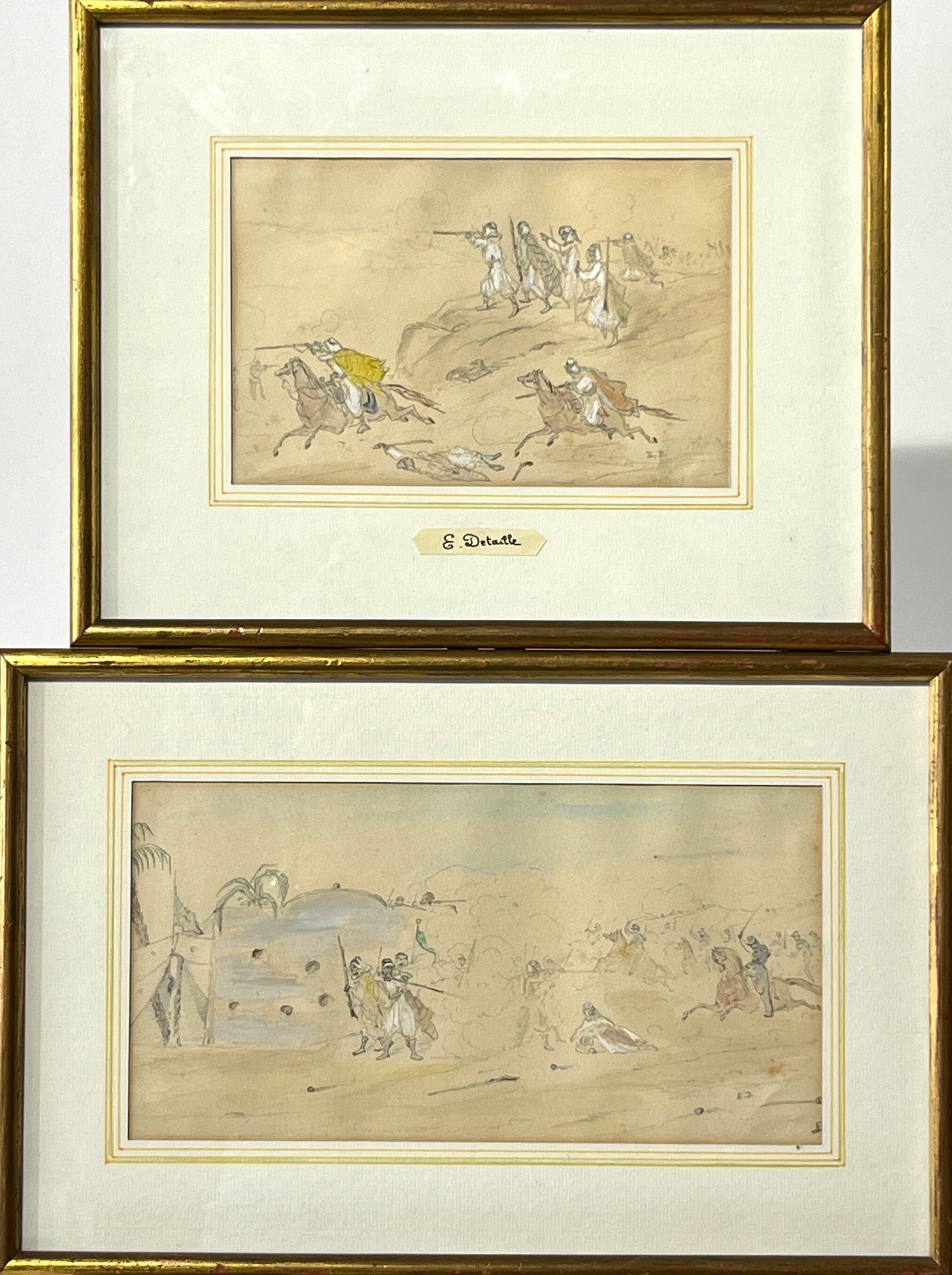 D'après Edouard DETAILLE. Scènes de bataille, Afrique du Nord. Ensemble de 2 feuilles dont une recto/verso (soit 3 de...