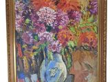 a painting of flowers in a vase on a table