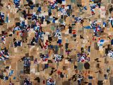 an aerial view of a wall covered in lots of different types of papers