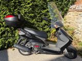 a scooter that is parked in front of some bushes