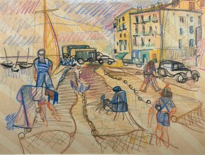 dessin représentant une scène de rue avec des passants et des voitures sur la chaussée