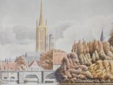 a picture of a painting of a city with a bridge