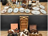 two pictures of a table with a lot of items on it