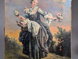 an old painting of a woman holding flowers in a field