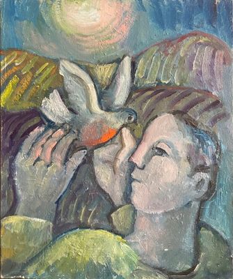 tableau représentant une femme tenant un oiseau et une colombe dans ses mains
