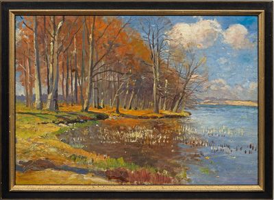 an oil painting of a river scene with trees and water