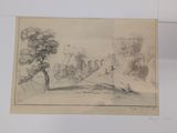 an old drawing of a house and a tree on a hill