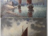 two paintings of boats in a body of water with mountains in the background