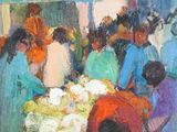 un tableau représentant un groupe de personnes au marché