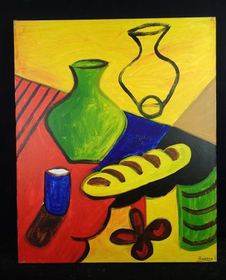 une peinture représentant du pain et un vase posés sur une table