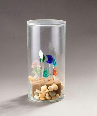 a glass vase filled with rocks and small glass fish