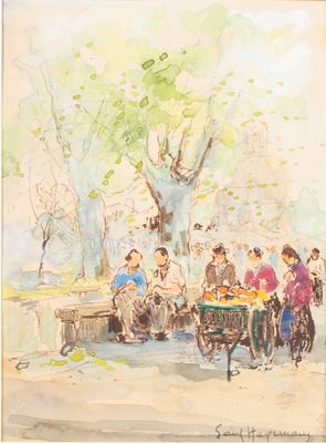 Paul HAGEMANS (1884 - 1959) Marchand ambulant dans un parc