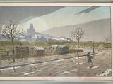 painting of a man walking down a dirt road in a rural area