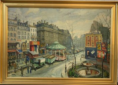 une peinture représentant une rue de la ville avec une fontaine au milieu