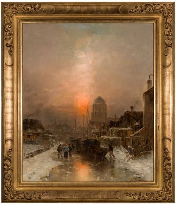 une image représentant un tableau représentant un coucher de soleil sur une ville