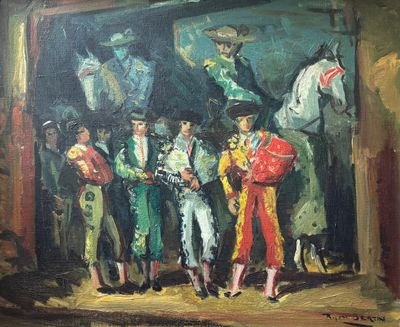 a painting of a group of people standing in front of a horse