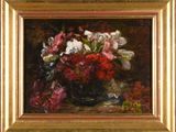 painting of flowers in a vase on a table with a gold frame