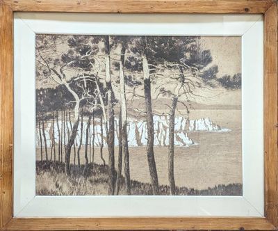 peinture représentant un paysage avec des arbres et un plan d'eau en arrière-plan